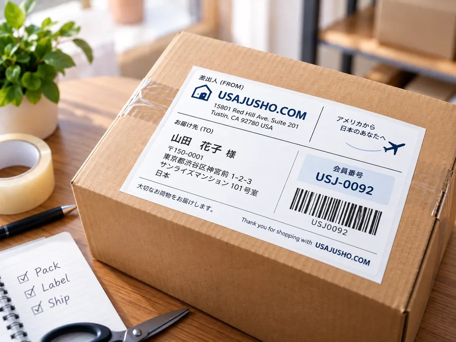 USAJUSHOの発送ラベルが貼られた実際の荷物の写真