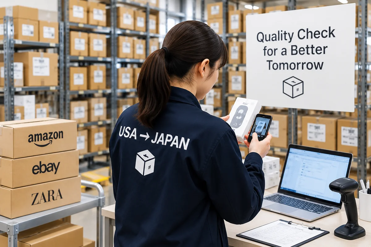 USAJUSHOのスタッフが倉庫で商品を検品し、スマートフォンで撮影している様子